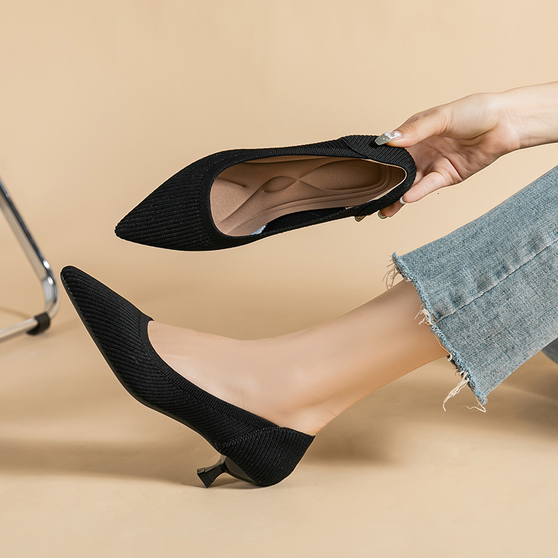 Dress Shoes Spring and Autumn Women s Large 2023 High Heels Solid Color Knitted Breathable Rubber Non slip Sole Latex Insole Work Shoe 230711