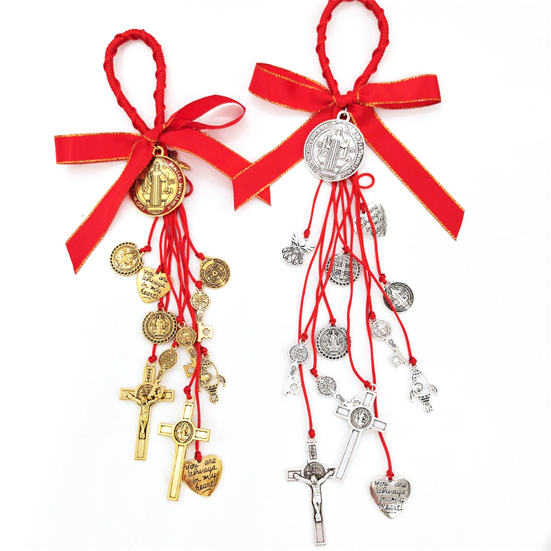 Keychains Lanyards Woven Saint Benedict Medallion Charm Keychain Fashion Home Protection Door Hanger with Cross and Medals Jewelry 230710