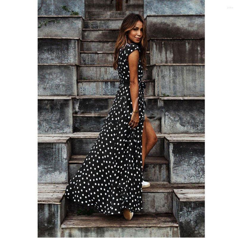 Casual Dresses Split Maxi Dots Dress Female Ladies V-Neck Sexy For Women Lace-Up Summer Long Fashion Beach Party Vestidos