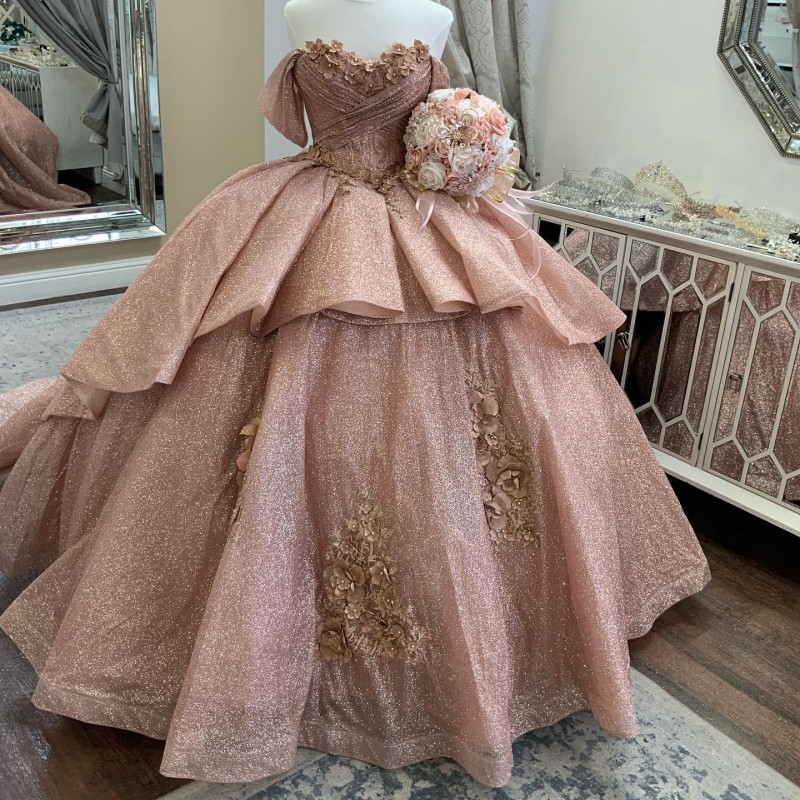 Rose Gold Shiny Straps Off the Shoulder Quinceanera Dress Ball Gown Bling Crystal Appliques Lace 3DFlower Corset Vestido De 15