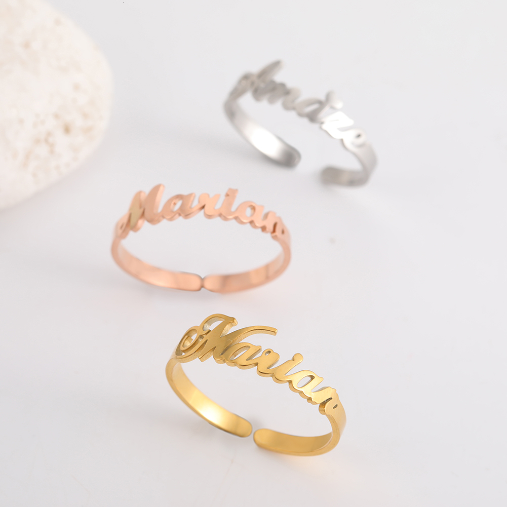 Band Rings Teamer Custom Double Name Ring for Women Men Family Personalized Stainless Steel Jewelry Couple Open Romantic Birthday Gift 230710