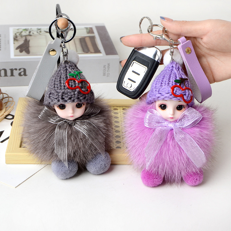Keychains Lanyards Cute Big Eyes Doll Pompom Keychain Real Fur Pendant For Women Bag Car KeyRing Phone Fine Jewelry Accessories Kids Girl Gift 230710