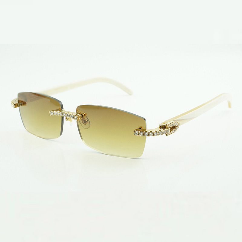 Frameless Buffs Moissanite Diamond Sunglasses 3524012, with natural white buffalo horns 56mm lenses for men and women