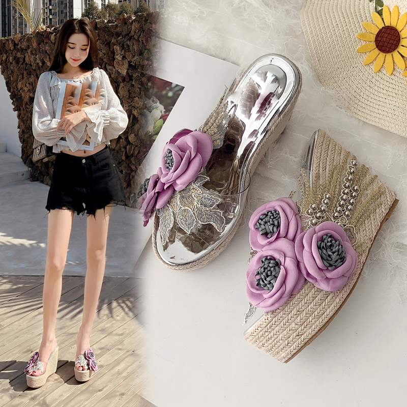 Sandals AIYKAZYSDL Boho Bohemia Sandals Floral Flower Sandals Straw Cane Hemp Rope Slippers Beach Summer Shoes String Bead Mule Slides 230710