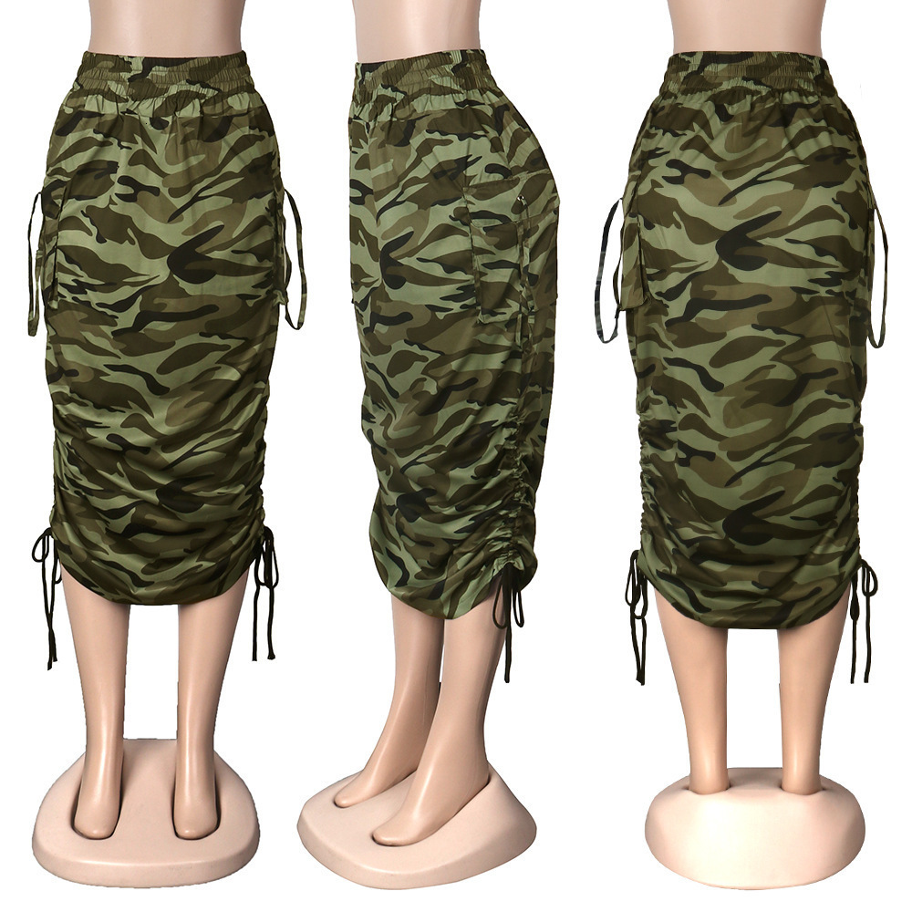 Skirts Drawstring Ruched High Waist Midi Skirts Women Pocket Summer Faldas Camo Paper Bodycon Pencil Skirt Female Jupes 230710
