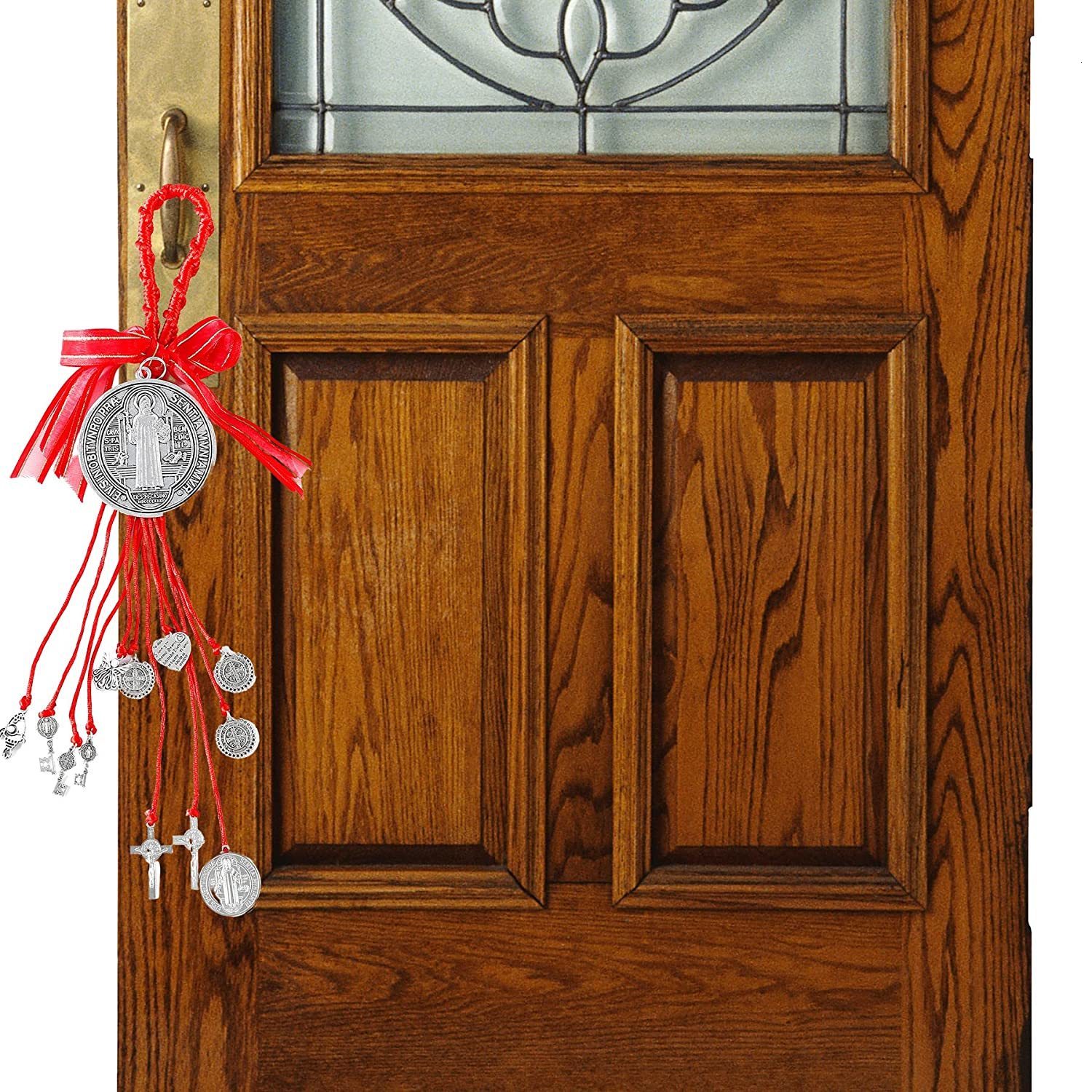 Keychains Lanyards Woven Saint Benedict Medallion Charm Keychain Fashion Home Protection Door Hanger with Cross and Medals Jewelry 230710