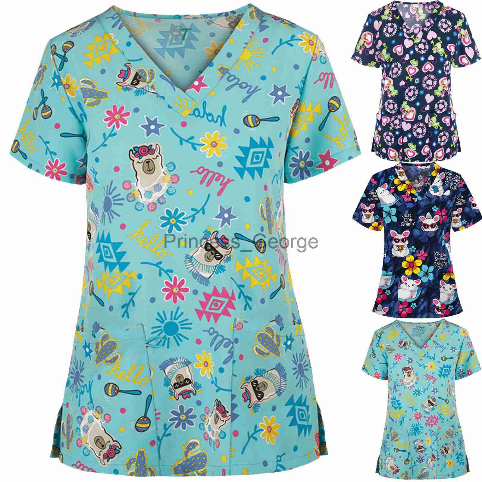 Others Apparel Scrub Tops Women Short Sleeve Vneck Tops Nurse Uniform Cartoon Print Working Blouse Ladies Tshirts uniforme enfermera mujer x0711
