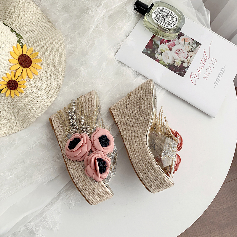 Sandals AIYKAZYSDL Boho Bohemia Sandals Floral Flower Sandals Straw Cane Hemp Rope Slippers Beach Summer Shoes String Bead Mule Slides 230710