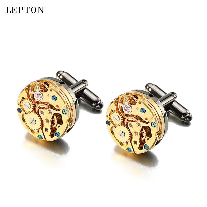 Cuff Links Lepton Watch Movement Cufflinks for immovable Gold Color Steampunk Gear Mechanism links Mens Relojes gemelos 230710