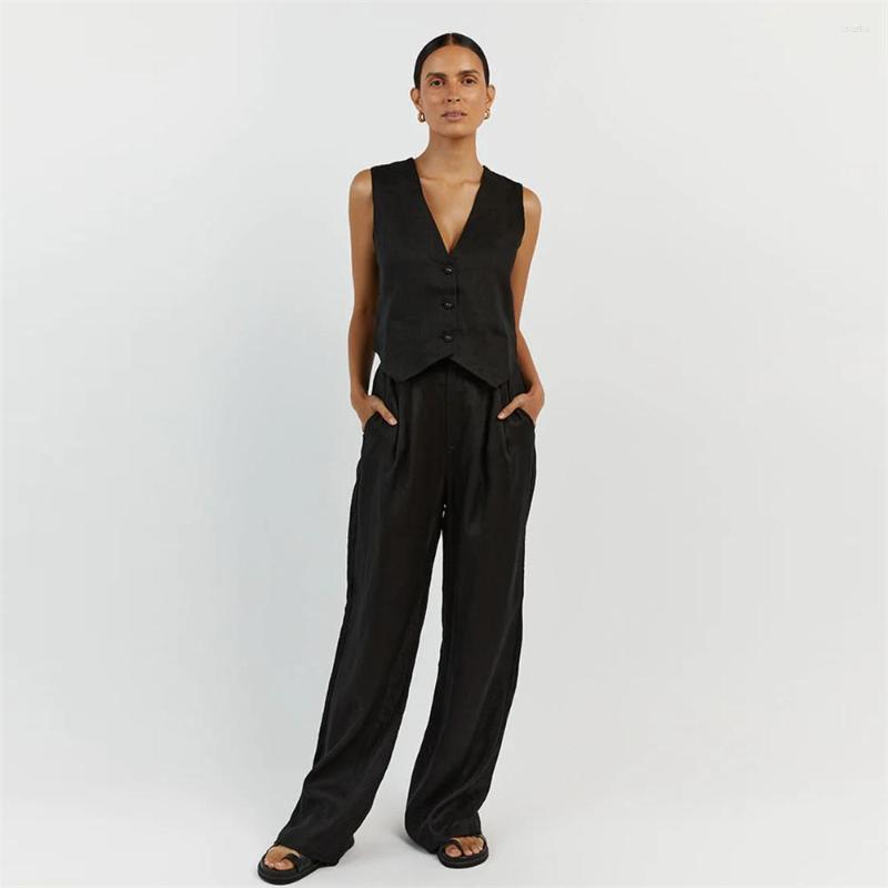 Women's Pants White Cotton Linen Vest Pant Sets Sleeveless Button V-neck Waistcoat 2 Pieces Set 2024 Womens Elegant Top Shorts Suits
