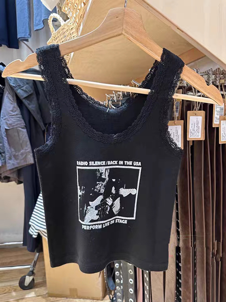 Women's Tanks Camis Retro Rock Band Printed Tank Top Women's Casual Sweet Lace Spliced Cotton Sleeveless Tank Top Y2k Street Clothing Summer