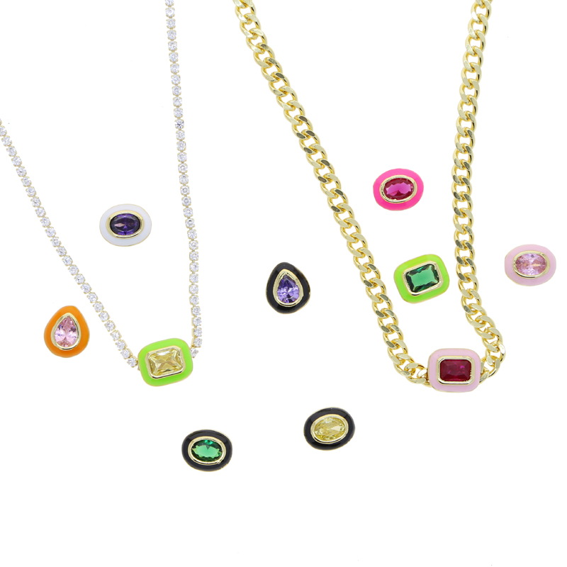 DIY Custom Mini Colorful Elliptic Water Drop Square Pendant Necklace Women Lady Girl New Fashion Iced Out Zirconia Hip Hop Best Gift Jewelry