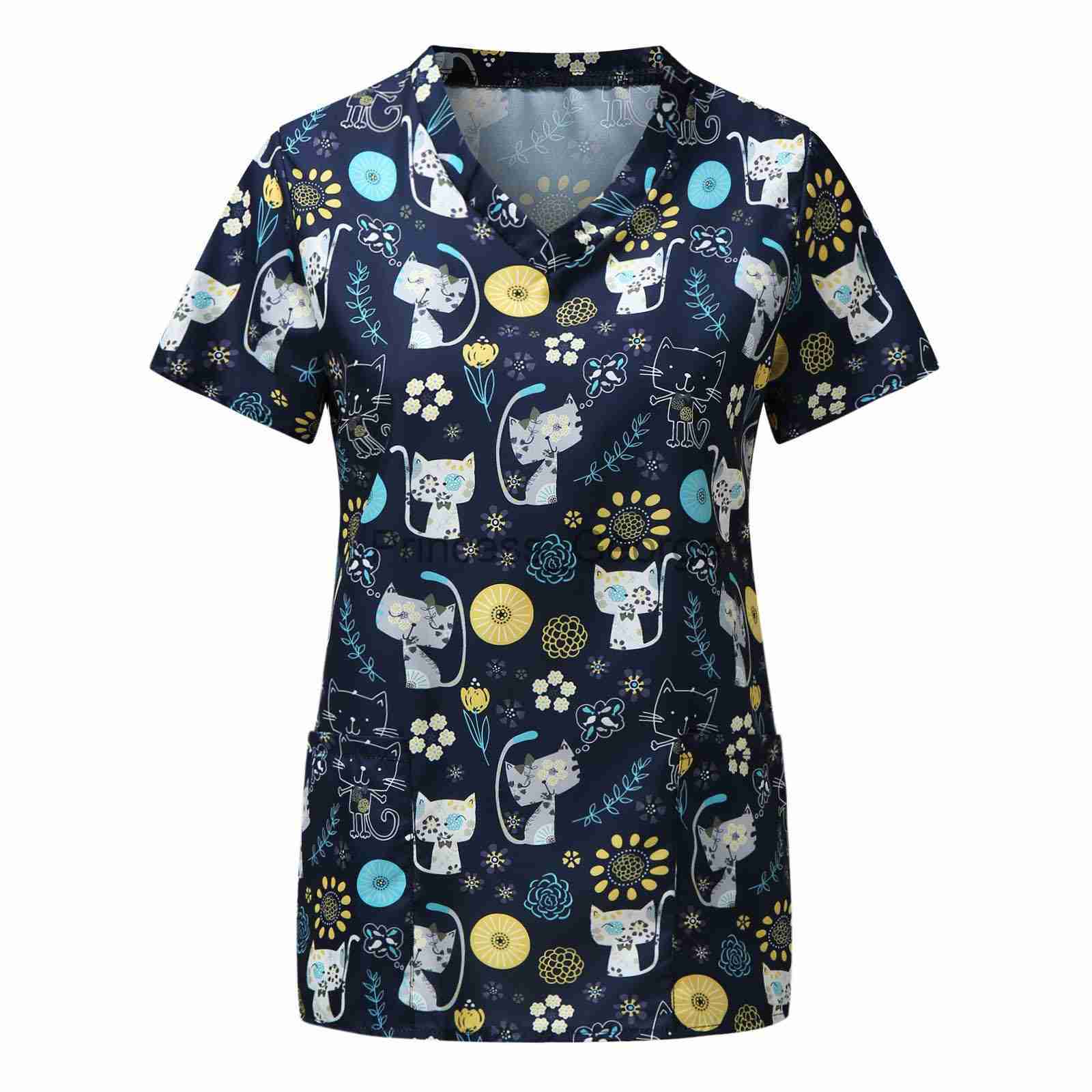 Others Apparel Scrub Tops Women Short Sleeve Vneck Tops Nurse Uniform Cartoon Print Working Blouse Ladies Tshirts uniforme enfermera mujer x0711