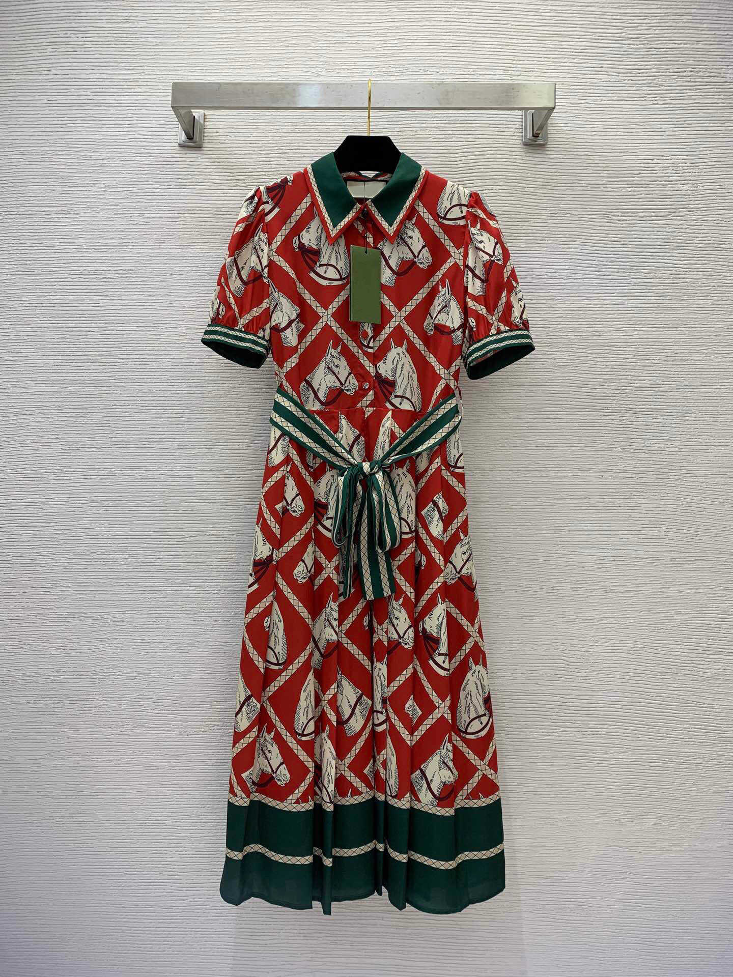 23ss summer dresses women dress womens designer clothing Horse Head Printed Half Buckle Front Lapel Bubble Sleeves Wrapped Waist for Slim Dress women clothes