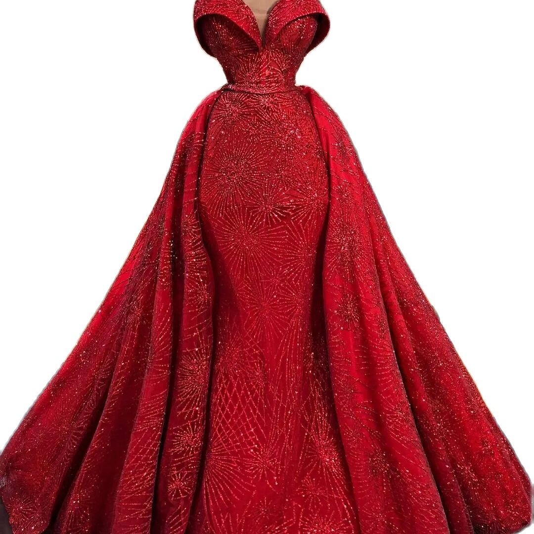 Sparkly Red Evening Gowns With Detachable Train Sweetheart Neck Custom Made Pageant Prom Dresses Formal Ocn Dress