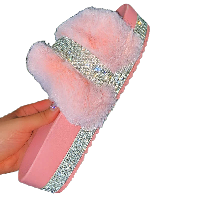 Oeak Bling Women039s Plush Slippers Slides for Woman Rhinestones Outdoor Flat Women Platform Sandals Casual Shoes Plus Size