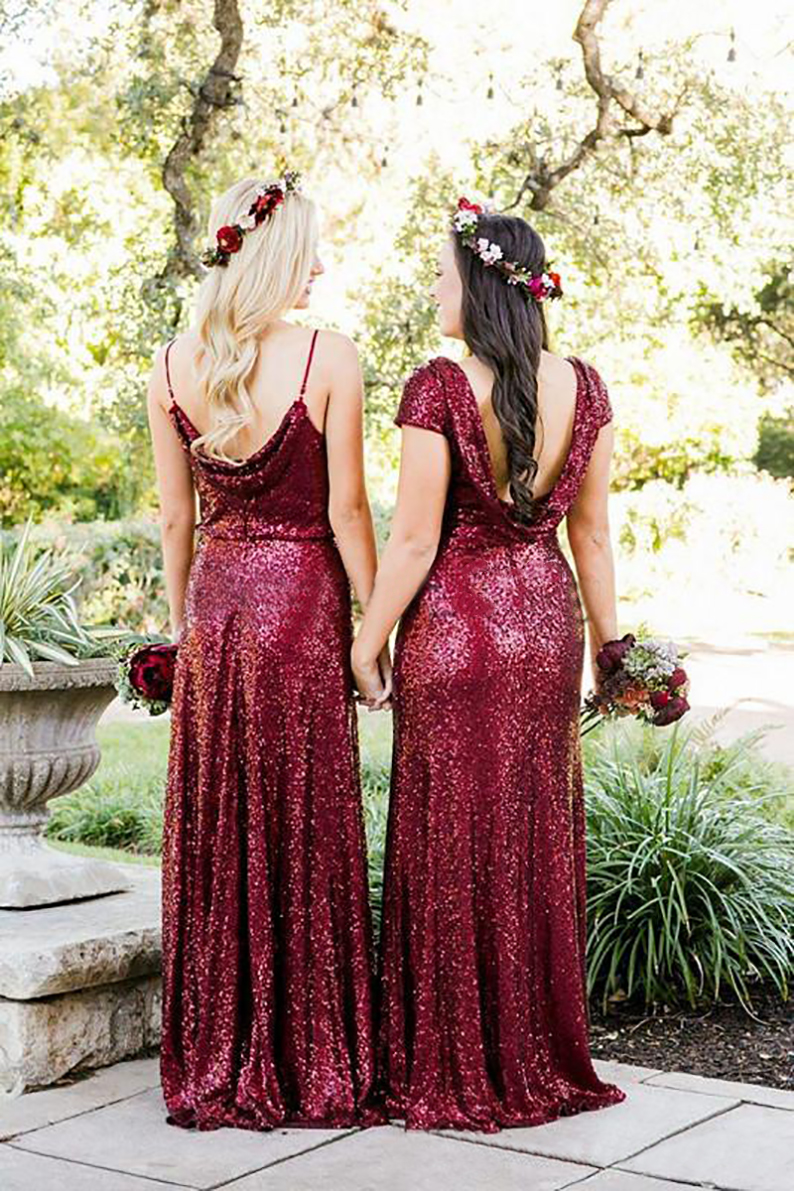 2023 Elegant Mismatched Burgundy Sequins Tulle Long Bridesmaid Dresses Country Style Wedding Dress Custom Made Beach junior Bridesmaid Gown