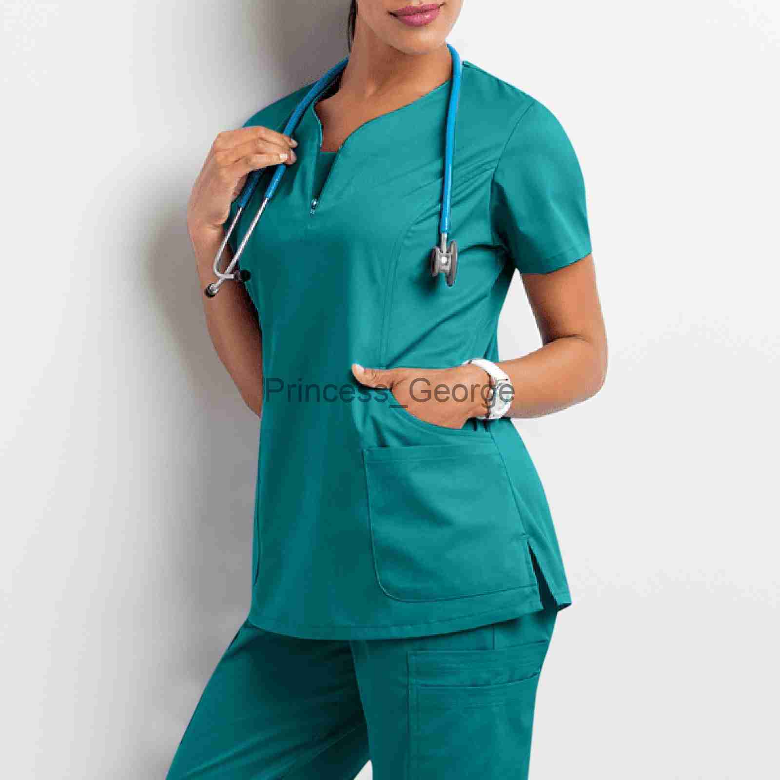 Others Apparel Women Short Sleeve Scrub Tops Solid Nurse Uniform VNeck Pocket Care Workers TShirt Tops Clinic Beauty Salon Working Clothing x0711