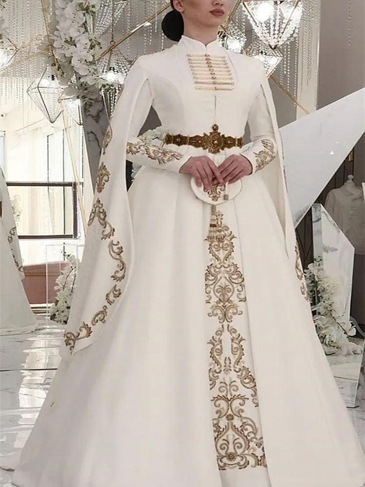 Traditional Caucasus Wedding Dresses with Cape Long Sleeve Gold Embroidery Arabic Kaftan Turkey Muslim high neck Bride Gown