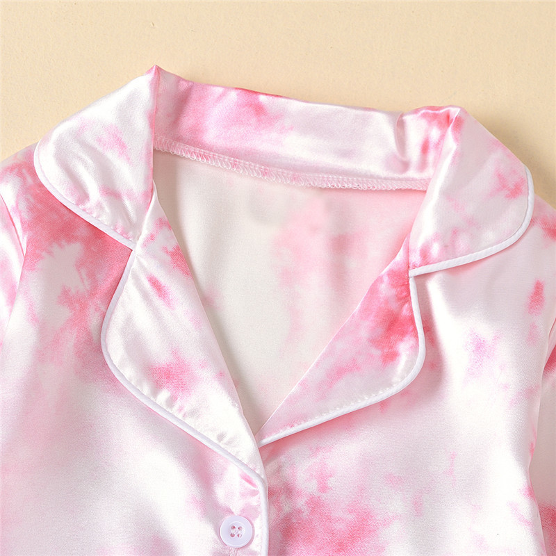 Pajamas Childrens Kids Pyjamas Silk Satin Tie Dye Print Button Tops Pants Autumn Long Sleeve Sleepwear Nightwear Girls Boys Pajama Sets 230710W240716