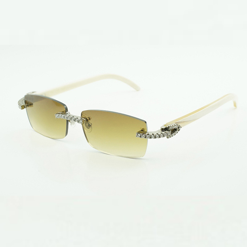 Frameless Buffs Moissanite Diamond Sunglasses 3524012, with natural white buffalo horns 56mm lenses for men and women