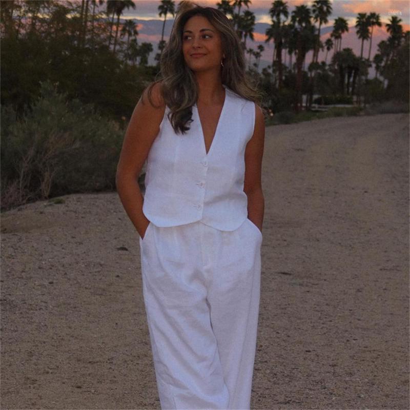 Women's Pants White Cotton Linen Vest Pant Sets Sleeveless Button V-neck Waistcoat 2 Pieces Set 2024 Womens Elegant Top Shorts Suits