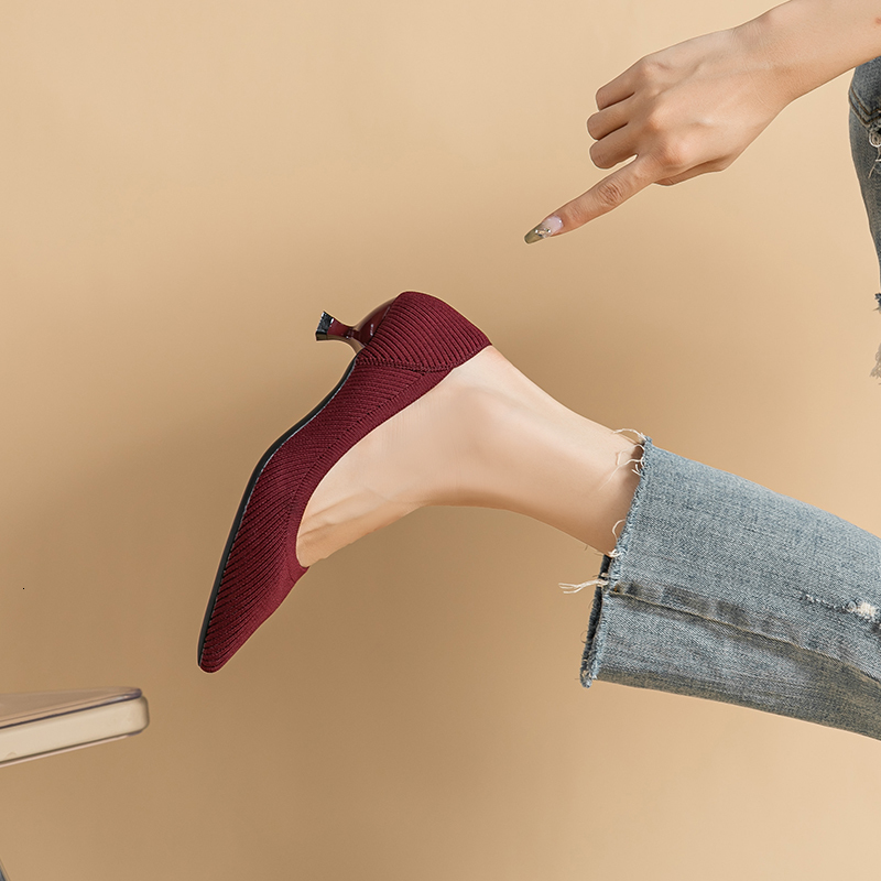 Dress Shoes Spring and Autumn Women s Large 2023 High Heels Solid Color Knitted Breathable Rubber Non slip Sole Latex Insole Work Shoe 230711