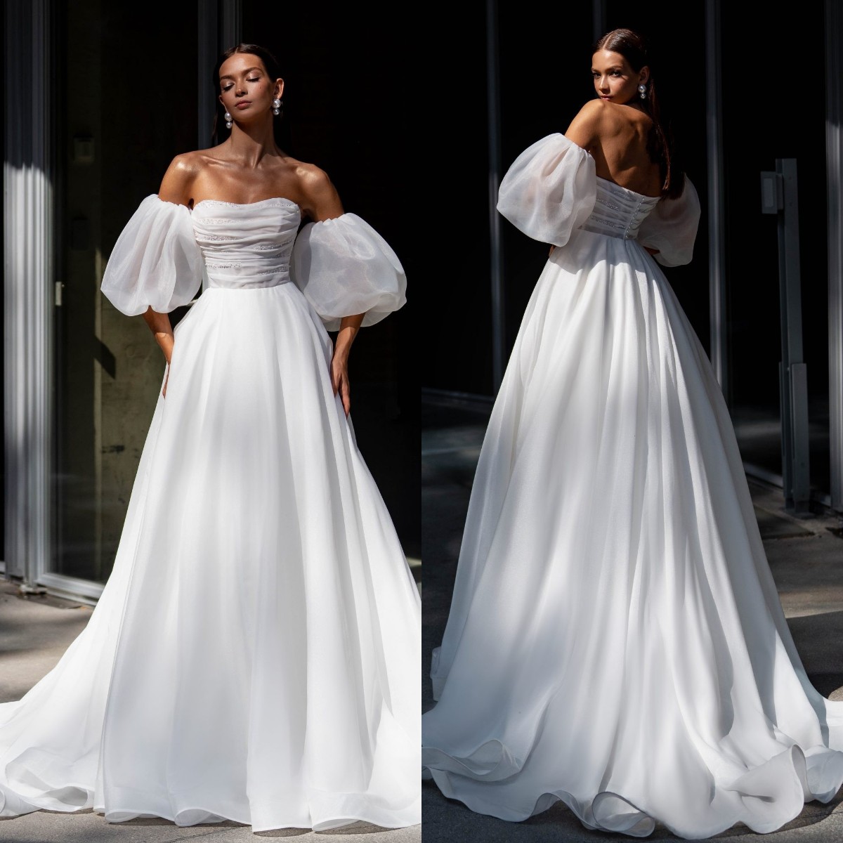 Fashion A Line Dresses For Bride Puffy Sleeves Pearls Detail Wedding Dress Backless Designer Bridal Gowns Sweep Train 0606