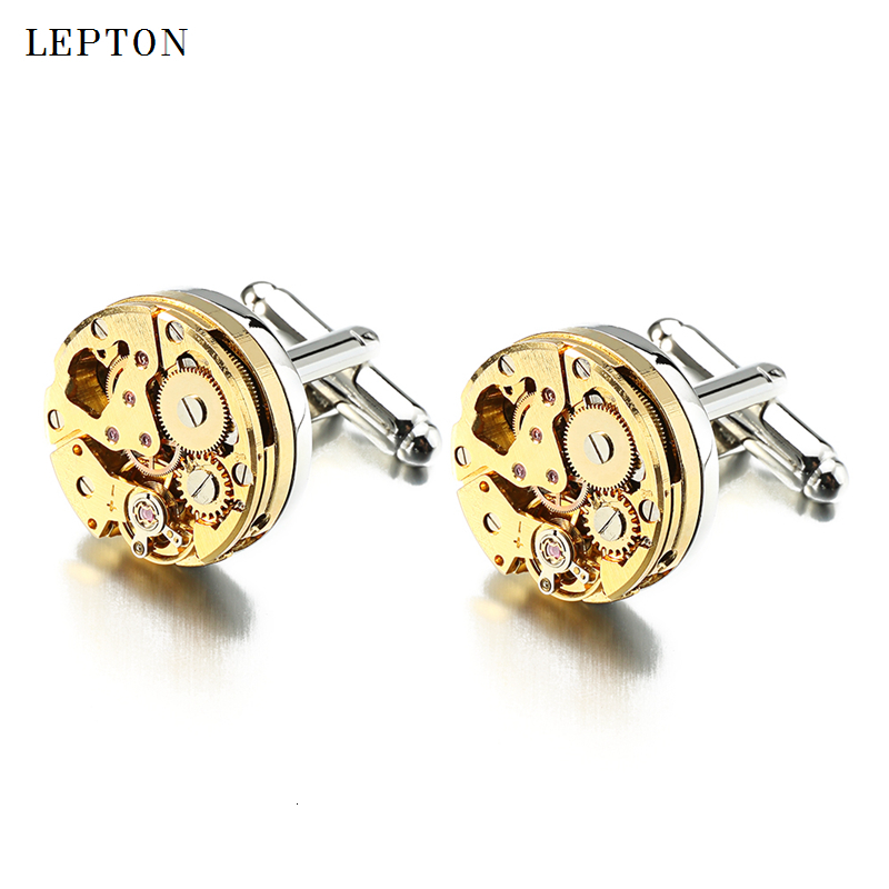 Cuff Links Lepton Watch Movement Cufflinks for immovable Gold Color Steampunk Gear Mechanism links Mens Relojes gemelos 230710