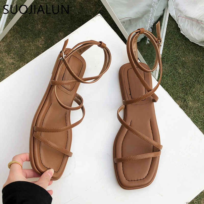 Sandals SUOJIALUN Fashion Women Sandals Flat Heel Narrow Band Back Strap Summer Gladiator Shoes Ladies Casual Summer Beach Slides 230710