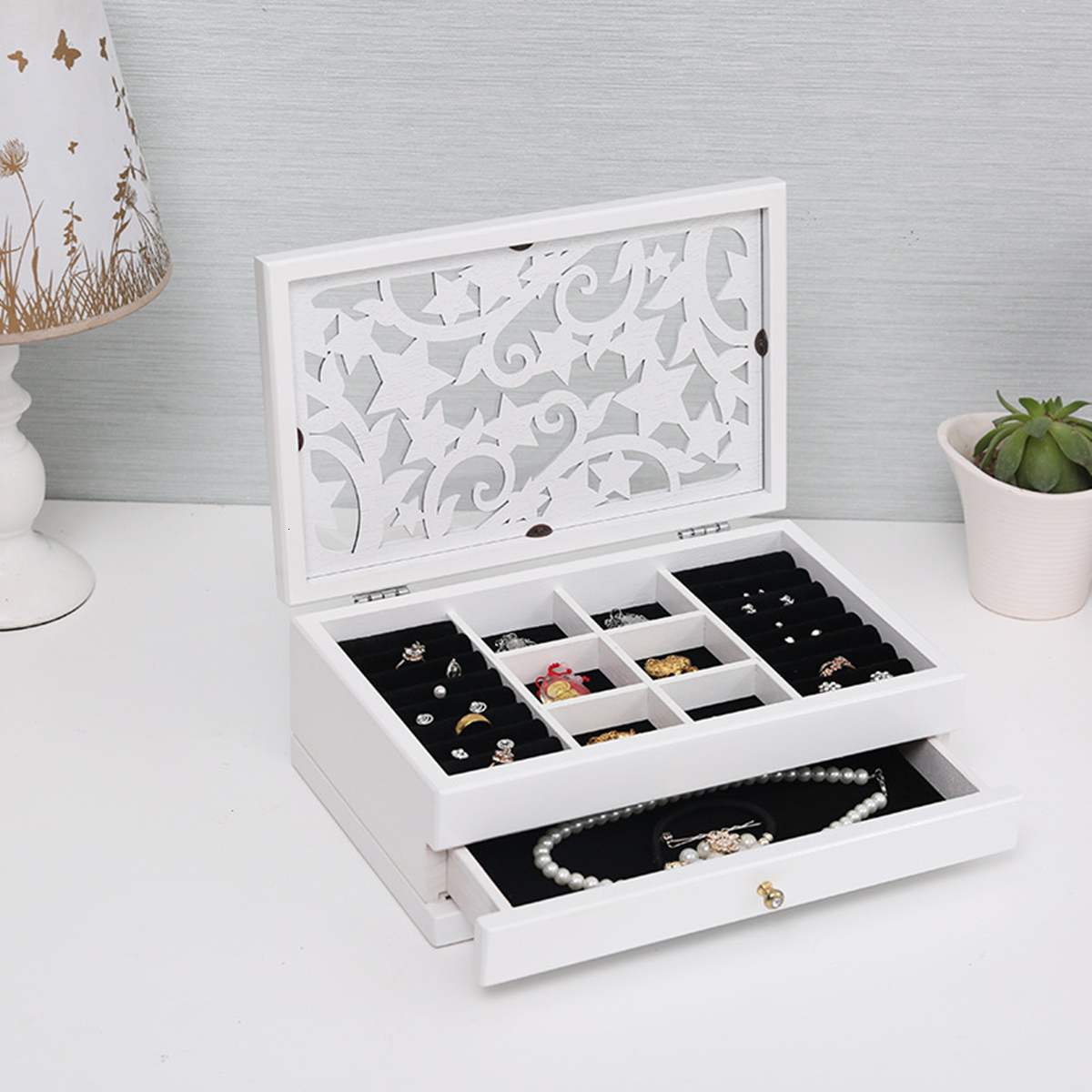 Jewelry Boxes 6 Tier Wooden Box Hollow Mirror Display Ring Storage Multi Purpose Gift Vintage Cabinet Top 230710