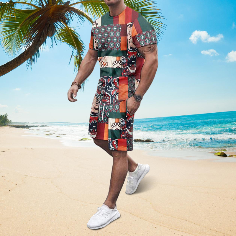 Men's Tracksuits Summer men's beach T-shirt suit Fashion track and field clothing Casual men's clothing Graffiti 3D printing short slee