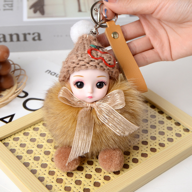 Keychains Lanyards Cute Big Eyes Doll Pompom Keychain Real Fur Pendant For Women Bag Car KeyRing Phone Fine Jewelry Accessories Kids Girl Gift 230710