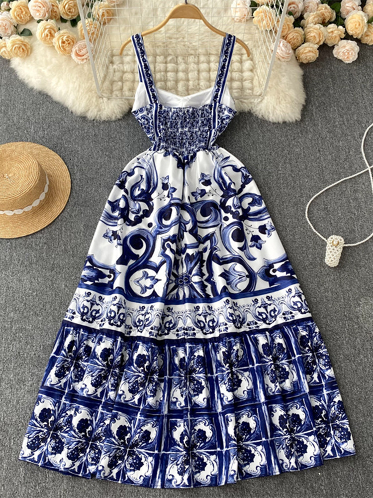 Basic Casual Dresses Runway Summer Holiday Maxi Dress Women's Spaghetti Shoulder Strap V-Neck Backless Blue and White Tile Printing Holiday Lengt