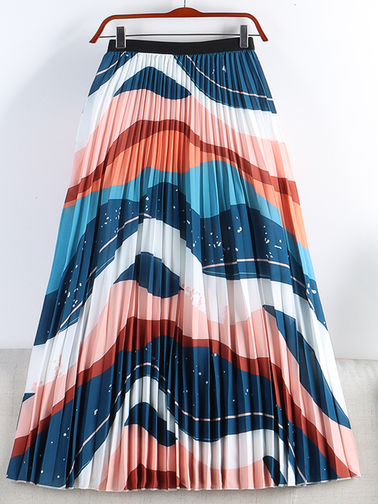Skirts TIGENA Fashion Pleated Skirt Women Aesthetical Contrast Color Printed A Line High Waist Midi Long Skirt Female 230710