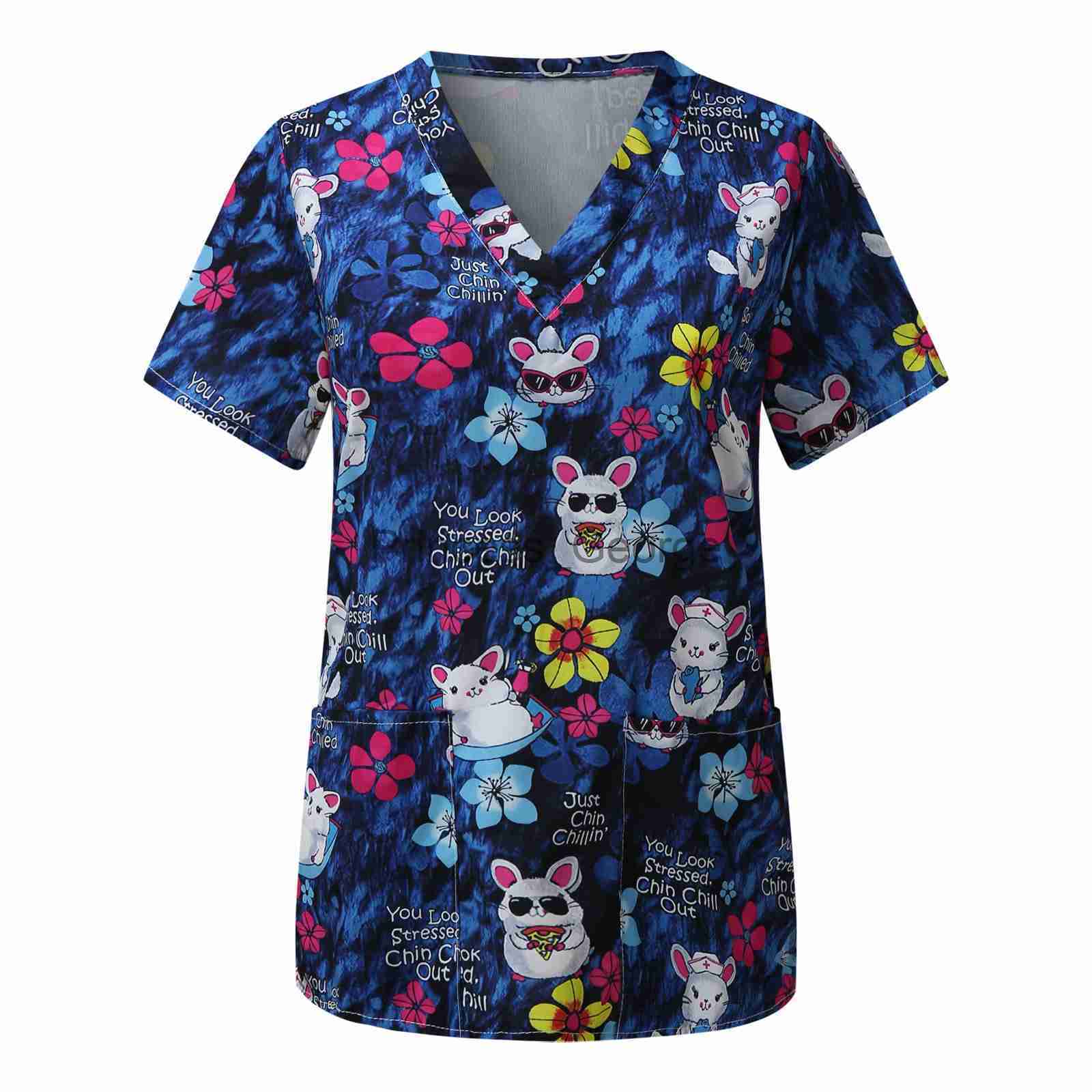 Others Apparel Scrub Tops Women Short Sleeve Vneck Tops Nurse Uniform Cartoon Print Working Blouse Ladies Tshirts uniforme enfermera mujer x0711