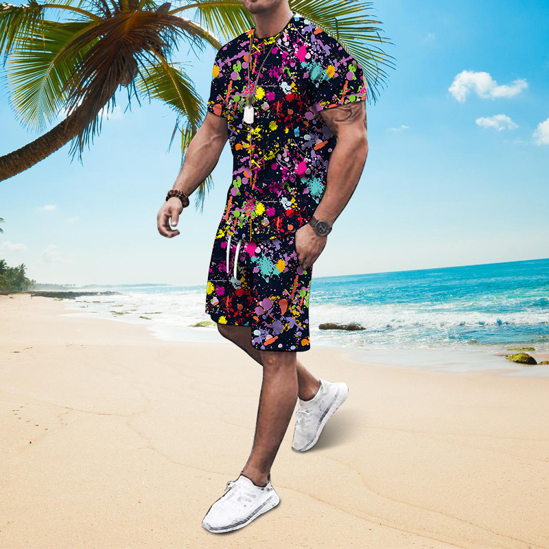 Men's Tracksuits Summer men's beach T-shirt suit Fashion track and field clothing Casual men's clothing Graffiti 3D printing short slee