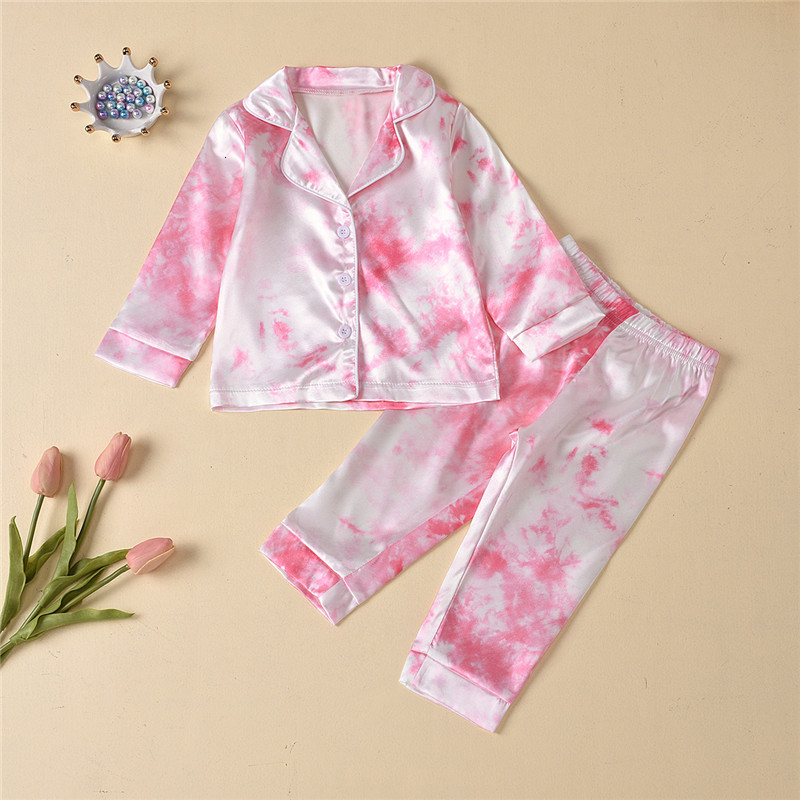 Pajamas Childrens Kids Pyjamas Silk Satin Tie Dye Print Button Tops Pants Autumn Long Sleeve Sleepwear Nightwear Girls Boys Pajama Sets 230710W240716