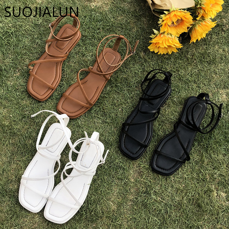 Sandals SUOJIALUN Fashion Women Sandals Flat Heel Narrow Band Back Strap Summer Gladiator Shoes Ladies Casual Summer Beach Slides 230710
