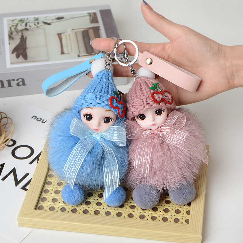 Keychains Lanyards Cute Big Eyes Doll Pompom Keychain Real Fur Pendant For Women Bag Car KeyRing Phone Fine Jewelry Accessories Kids Girl Gift 230710