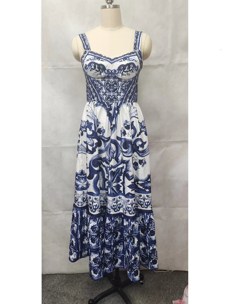 Basic Casual Dresses Runway Summer Holiday Maxi Dress Women's Spaghetti Shoulder Strap V-Neck Backless Blue and White Tile Printing Holiday Lengt