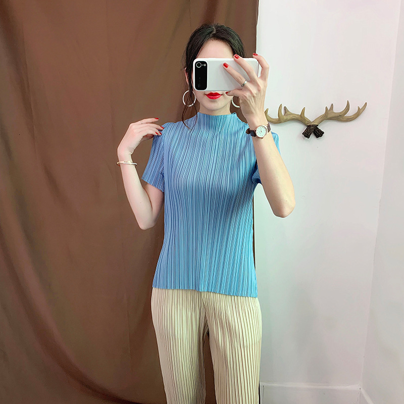 Women's T-Shirt LANMREM Black Stand-up Collar Short-sleeved Pleated Loose Plus Woman T-shirt Casual Simple Fashion Spring TV737 230710