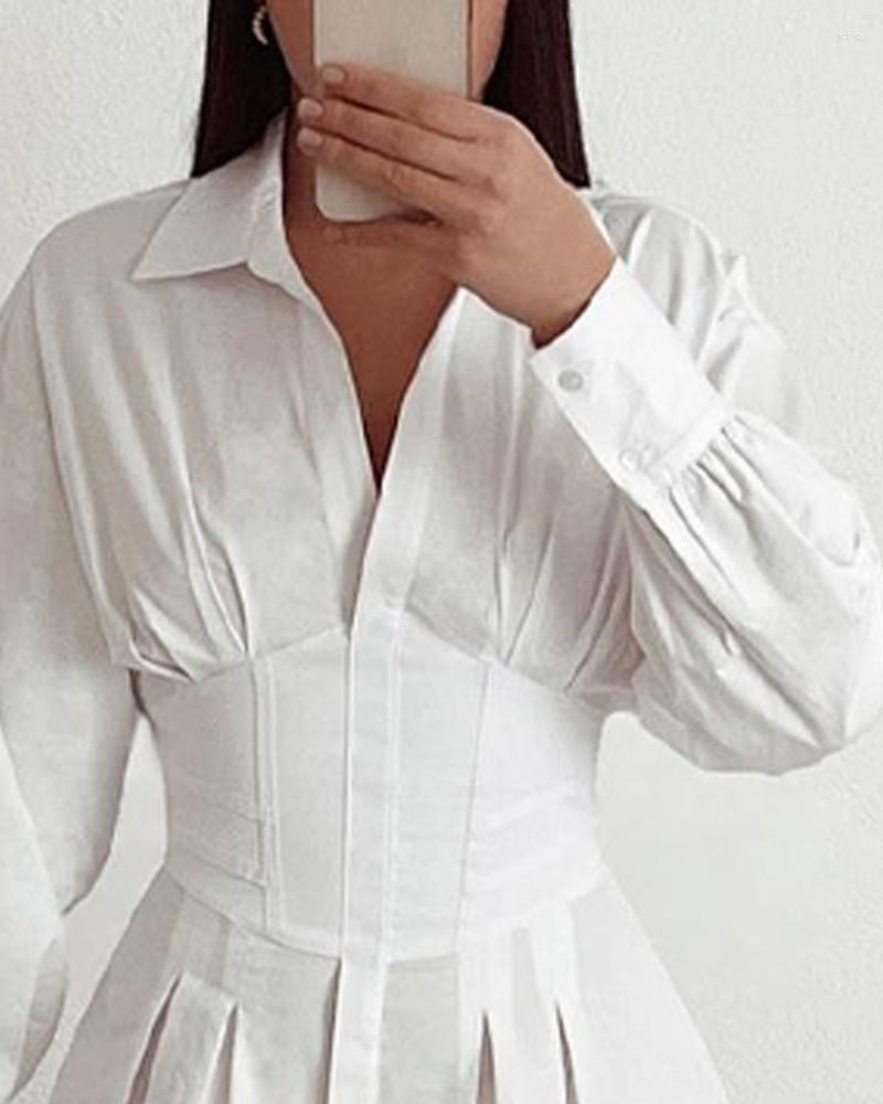 Casual Dresses Long Sleeve Corset Shirt Dress Women Solid Color Polo Neck Fashion Spring Summer Mini Slim Sheath