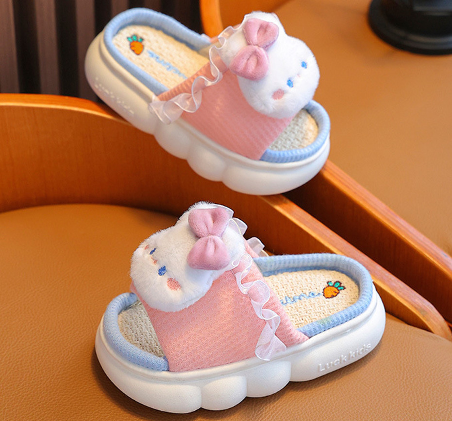 Slipper Children's Girls Linen Bowknot Rabbit Slippers Cute Cartoon Home Comfortable Slippers Non-Slip Soft Breathable Flat Kids Slipper 230710