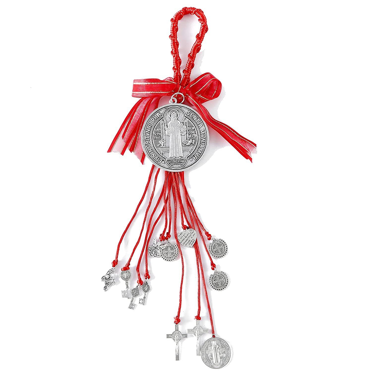 Keychains Lanyards Woven Saint Benedict Medallion Charm Keychain Fashion Home Protection Door Hanger with Cross and Medals Jewelry 230710