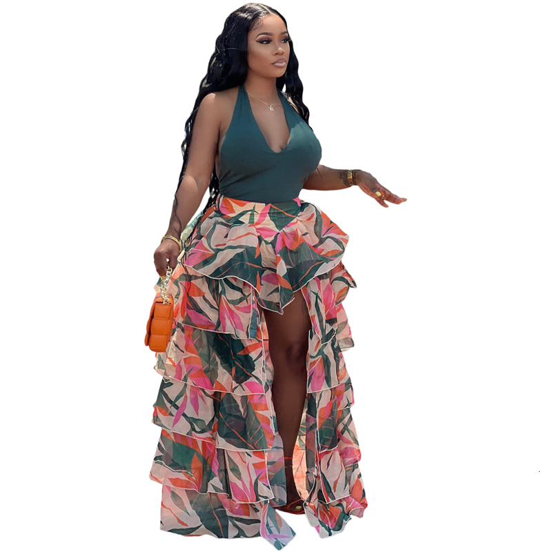 Skirts Adogirl Floral Leaf Print Cascading Ruffles Maxi Chiffon Skirt Summer Women Fashion Casual Hi-lo Asymmetrical Beachwear 230710