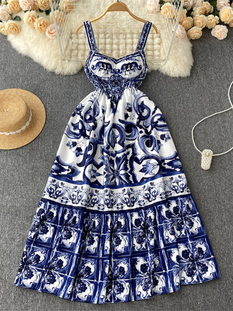 Basic Casual Dresses Runway Summer Holiday Maxi Dress Women's Spaghetti Shoulder Strap V-Neck Backless Blue and White Tile Printing Holiday Lengt
