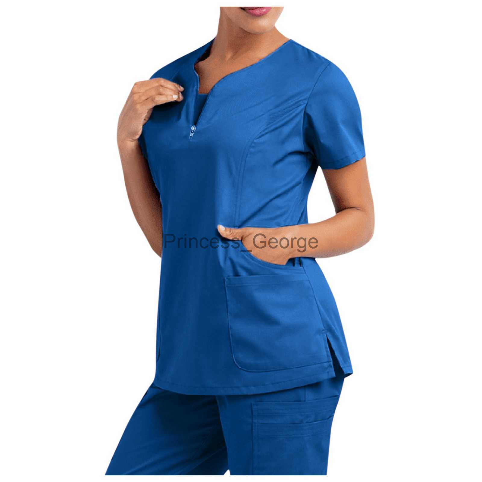 Others Apparel Women Short Sleeve Scrub Tops Solid Nurse Uniform VNeck Pocket Care Workers TShirt Tops Clinic Beauty Salon Working Clothing x0711