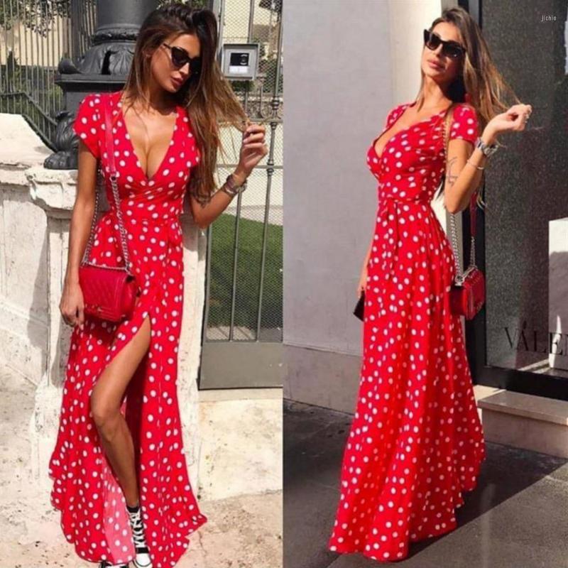 Casual Dresses Split Maxi Dots Dress Female Ladies V-Neck Sexy For Women Lace-Up Summer Long Fashion Beach Party Vestidos