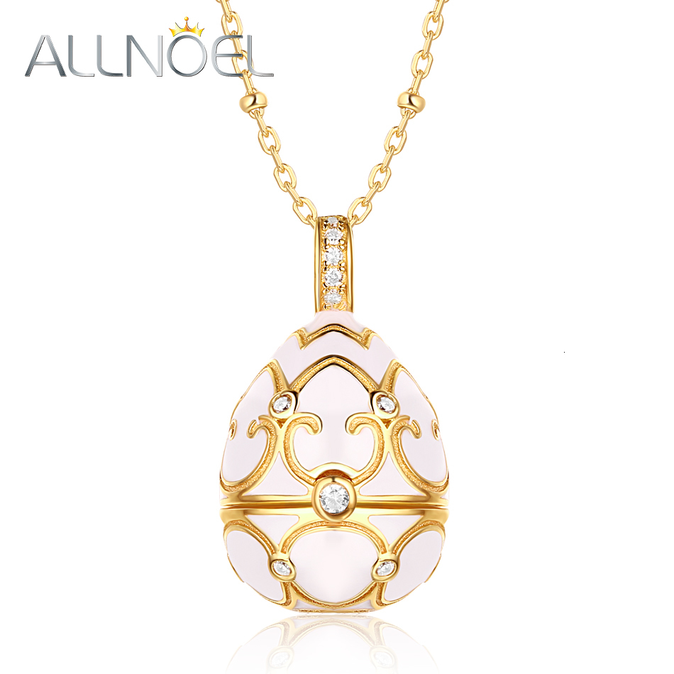 Necklaces ALLNOEL Enamel Locket 925 Sterling Silver Egg Pendant White Red Charm Sweater Necklace For Women 750mm Long Gold Chain Jewelry 230710